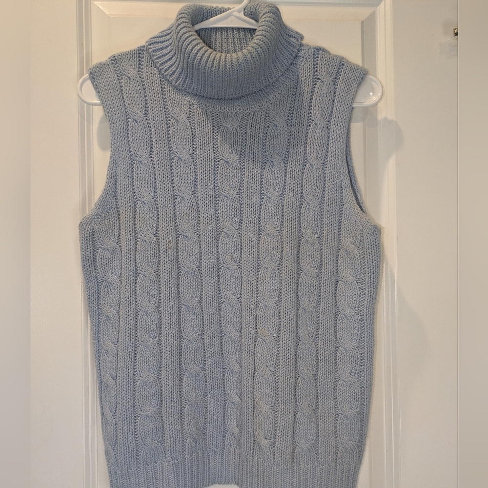 Amanda Vinci Cable Knit Sweater Vest Turtleneck Sleeveless Blue Size L